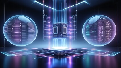 Conceptual representation of a next-generation quantum processor core surrounded by glowing data orbs in a futuristic digital environment
