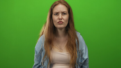 Fototapeta premium Woman makes v sign near her eye in green studio setting with denim shirt and direct stare at camera; determination.