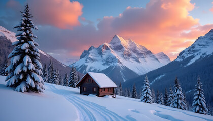 Snow-covered cabin nestled in a winter wonderland with mountain views