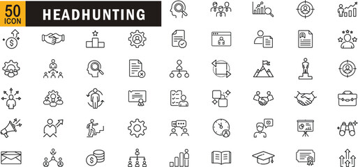 Headhunting editable outline icon set. Recruitment hiring talent selection hr management career growth business success and more