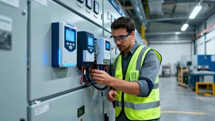 Medium shot of a specialist installing circuit breaker upgrades in a facilitys power distribution board highlighting innovation in electrical systems.