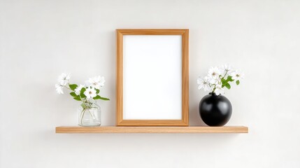 Minimalist shelf display featuring empty wooden frame, glass vase with white flowers, and black ceramic vase, creating a serene and modern home decor atmosphere with copy space