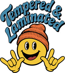 Smiling emoji face with winter beanie and hand sign gesture &ndash; cartoon vector illustration