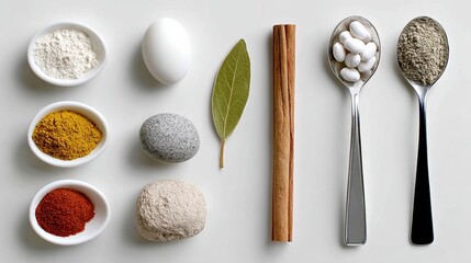 Assorted culinary ingredients arranged on a light surface, featuring spices, herbs, and natural elements, showcasing the beauty of cooking and food preparation