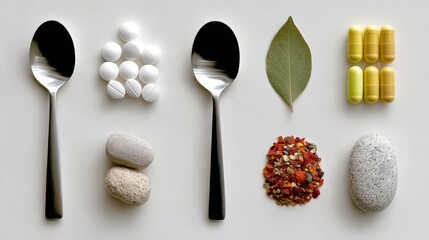 Arrangement of various health-related items including spoons, pills, spices, and stones, showcasing a contrast between natural and synthetic elements in a minimalist composition