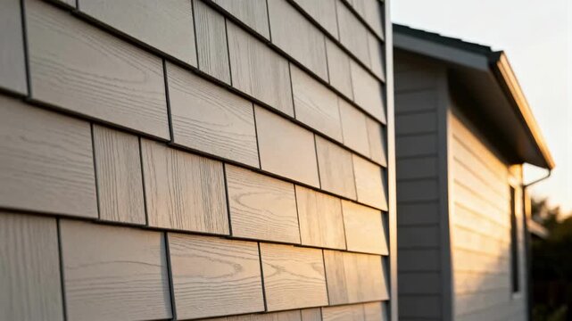 Medium framing of composite siding arranged in a staggered shingle layout adding depth and durability to a contemporary building.