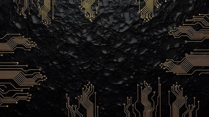 Circuit board pattern golden lines on rough black background creating modern technology design