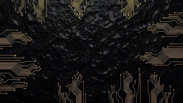Circuit board pattern golden lines on rough black background creating modern technology design - Powered by Adobe