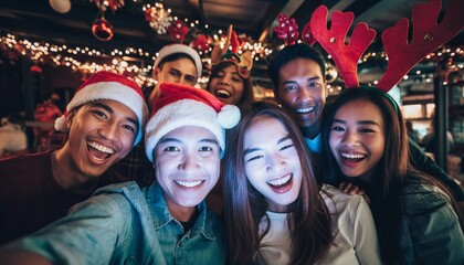 Diverse multiethnic friends adults celebrating Christmas together with festive accessories and twinkling lights creating joyful holiday atmosphere. perfect for holiday marketing campaigns