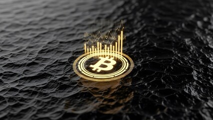 Bitcoin symbol with financial graph on dark textured background, showing market trends