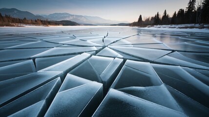 High angle photo of the surface of a frozen lake with large broken ice chunks © Khokan