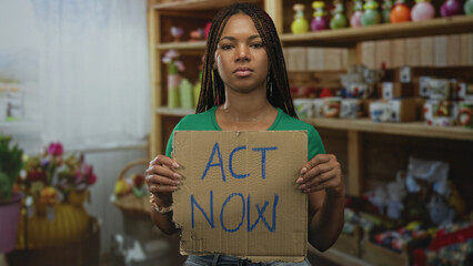 Woman holding cardboard sign that reads act now in a building shop, wearing green shirt and braided hair, direct gaze and neutral expression; urgent activism.
