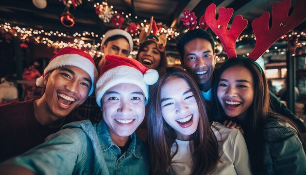 Diverse multiethnic friends adults celebrating Christmas together with festive accessories and twinkling lights creating joyful holiday atmosphere. perfect for holiday marketing campaigns