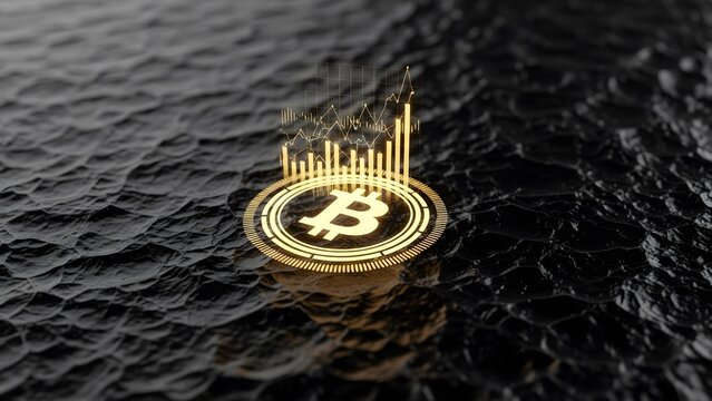 Bitcoin symbol with financial graph on dark textured background, showing market trends