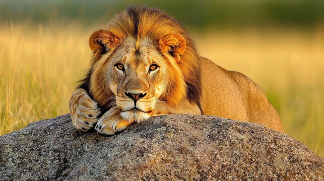 A majestic lion resting on a rock in the golden glow of the savannah sunset