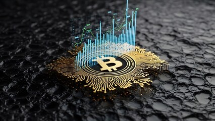 Bitcoin digital currency concept with holographic charts and graphs financial growth