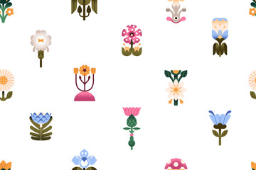 Fototapeta premium Repeatable pattern of abstract flowers with leaves in symmetrical style. Endless background of different wildflowers and blooming meadow plants. Floral decoration. Flat seamless vector illustration.