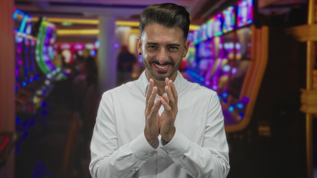 Young hispanic man clapping hands at a slot machine in a vibrant neon lit casino building; win luck excitement.