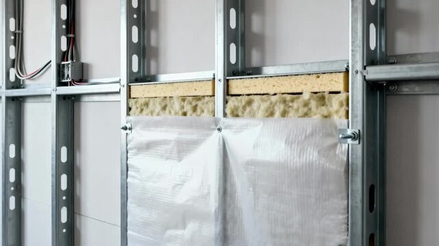 Medium shot of insulated steel stud wall framing focusing on integrated thermal barrier for enhanced energy efficiency.