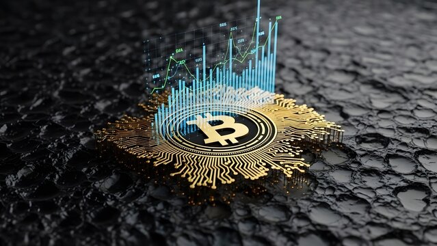 Bitcoin digital currency concept with holographic charts and graphs financial growth - Powered by Adobe
