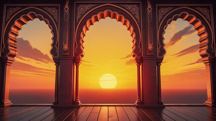 Ornate arches framing a breathtaking sunset over ocean horizon