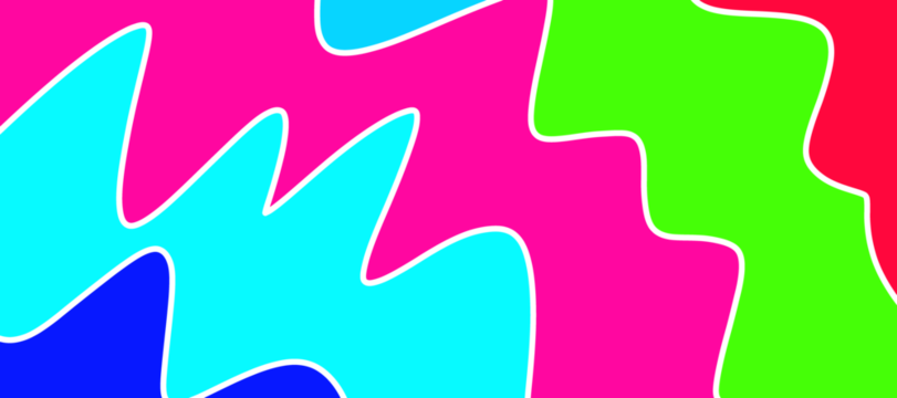 Abstract artwork featuring bold, irregular shapes in vibrant colors like pink, turquoise, blue, green, and red