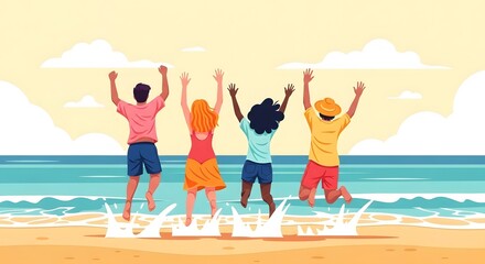 Group of diverse friends jumping on a sunny beach celebrating summer vacation vector illustration