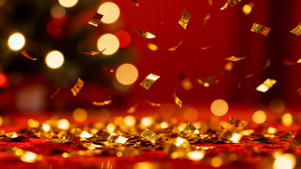 Golden confetti falling and sparkling on a red surface with blurred festive bokeh lights in the background