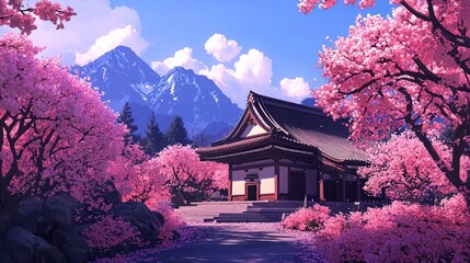A serene Buddhist temple surrounded by cherry blossoms in full bloom