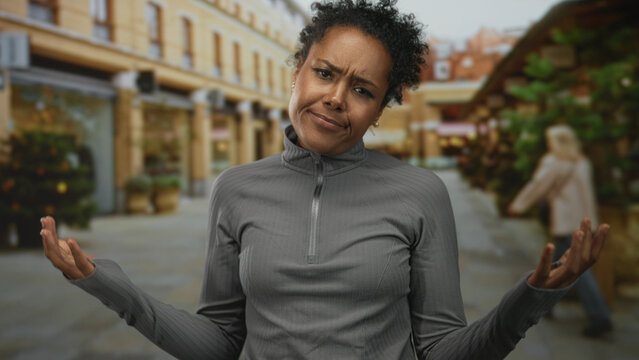 Woman frowns showing face under curly hair on a street lined with shops and potted plants; frustration.