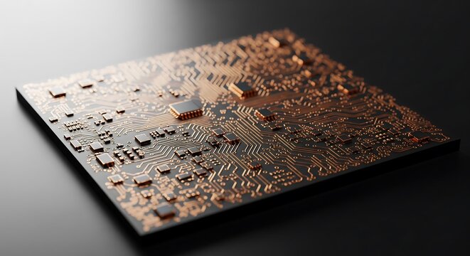 Macro of a healthcare microchip with copper circuitry and matte black base, ultra-detailed lab realism for medical AI visualization