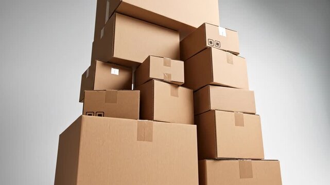 Tall pile of brown cardboard shipping boxes of different sizes continuously growing in a studio with a white background, symbolizing logistics, consumerism, and the booming e commerce industry