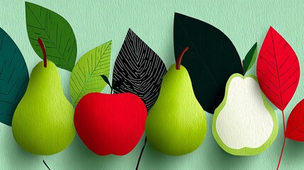 Colorful flat illustration of various fruits including green pears and a red apple, surrounded by vibrant leaves, creating a fresh and lively atmosphere for design purposes