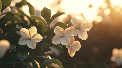 A serene morning scene of dew-covered flowers in a garden, with sunlight gently illuminating the petals