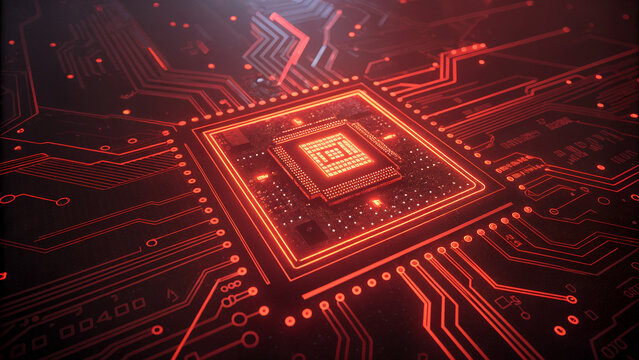 Futuristic microchip glowing with digital energy, symbolizing advanced computing power, artificial intelligence processing, and cutting-edge semiconductor technology