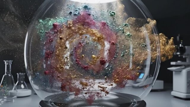 Dynamic colorful glitter cloud swirling in a glass sphere in a science lab
