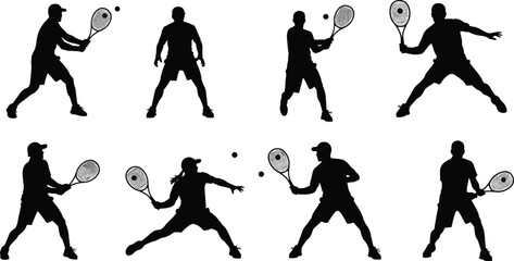Silhouette, tennis players, racket sport, forehand backhand, athletic motion, sports training, competition concept, fitness illustration, black white dynamic collection, action poses