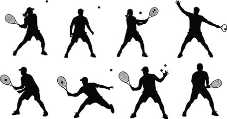 Silhouette, tennis players, racket sport, forehand backhand, athletic motion, sports training, competition concept, fitness illustration, black white vector collection, action poses