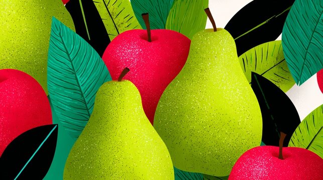 Colorful flat illustration of vibrant red apples and green pears surrounded by lush green leaves, creating a fresh and lively fruit composition with a playful aesthetic