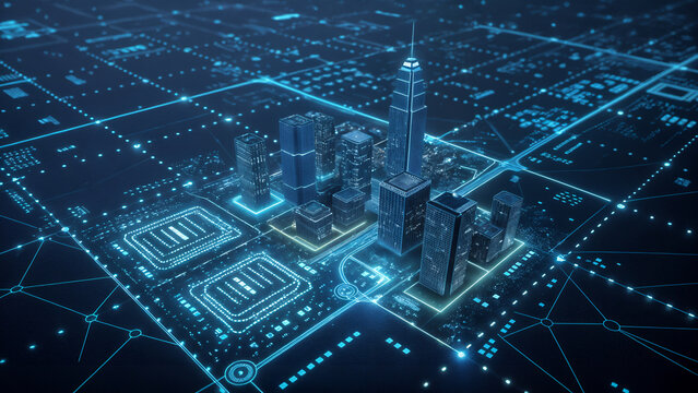 Futuristic smart city hologram with interconnected digital infrastructure, symbolizing urban technology, artificial intelligence, innovation, and advanced city planning systems - Powered by Adobe
