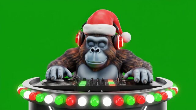 Christmas DJ Gorilla - This stock video shows a cartoon gorilla wearing a Santa hat and headphones while DJing. The DJ table is decorated with festive Christmas lights, against a green background.