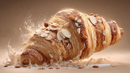 Almond Croissant Delight: Capturing a perfectly baked croissant generously adorned with sliced almonds, promising a delightful blend of textures and flavors. - Powered by Adobe