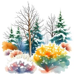 winter forest trees and bushes with snow watercolor illustration