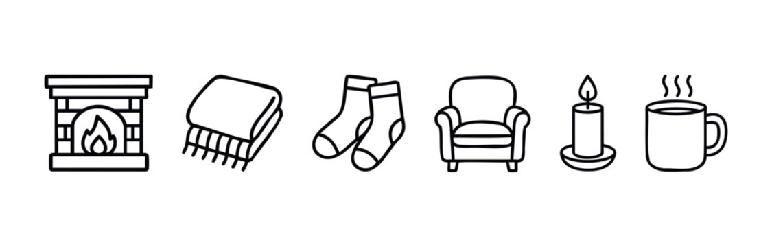 Cozy winter icons including fireplace, blanket, socks, armchair, candle, and hot drink perfect for seasonal promotions and home decor themes