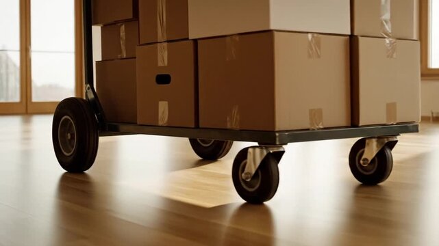 Trolley loaded with cardboard boxes on wooden floor indoors  