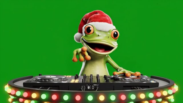 Holiday Frog DJ - A cartoon frog wearing a Santa hat is standing behind a DJ turntable with Christmas lights on it. The background is a solid green color.