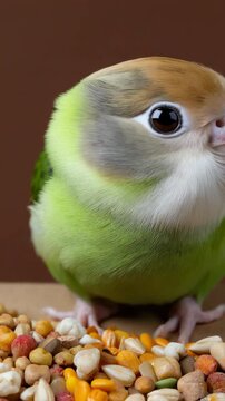 Vibrant parrotlet enjoying colorful seeds closeup in natural habitat
