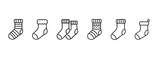 Collection of six simple line art icons depicting various styles of winter socks for festive apparel and cozy season promotions