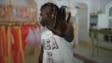 Man wearing usa jersey holds out open palm toward camera blocking view inside a clothing store building with racks of dresses and garments; defiance.