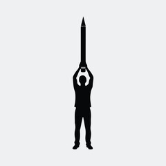 Silhouette man holding large pencil upward motivation education vector illustration